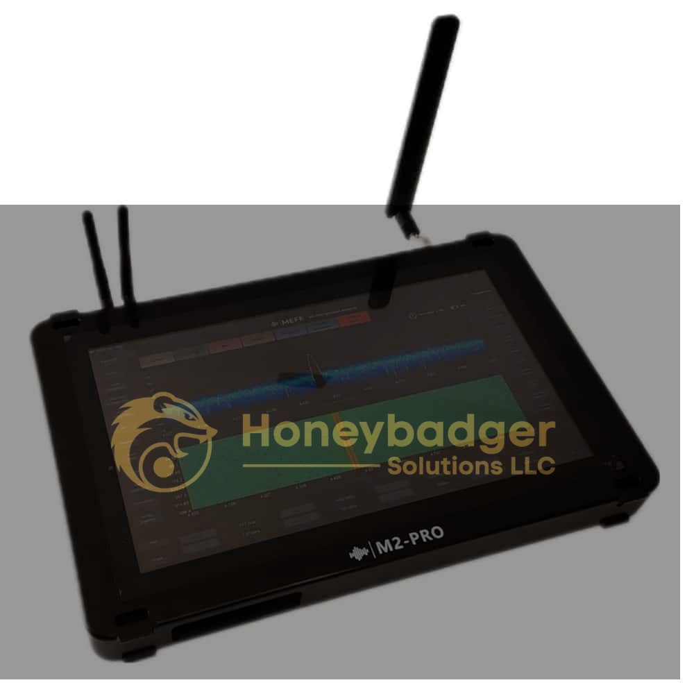 A Spy-Max Elite Portable AI Spectrum Analyzer, black with three antennas, shows a frequency spectrum analysis graph on its screen—perfect for digital forensics and security—angled slightly against a white background.