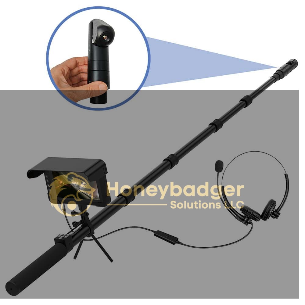 Telescopic inspection camera with a display screen, headset, and adjustable pole for close-up inspections.