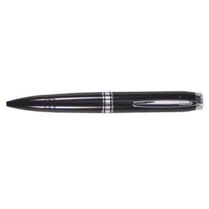 A sleek black and silver ballpoint pen with two silver bands and a pocket clip.