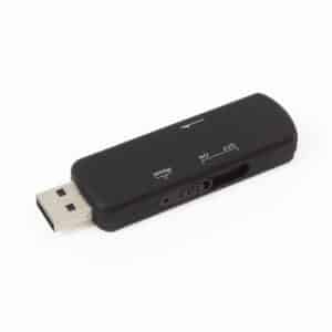 USB style voice recorder in black with a sliding switch labeled 'OFF' and 'ON' for security.