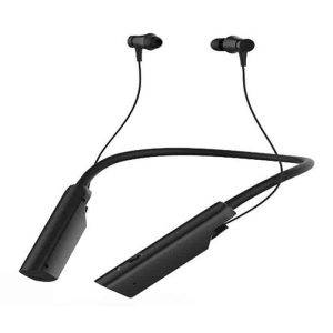 Black wireless neckband earphones with connected earbuds and control modules.