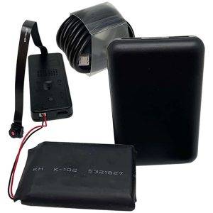 Components of a DIY kit including a black power bank, coiled USB cable, pinhole hidden camera, and flat battery pack.