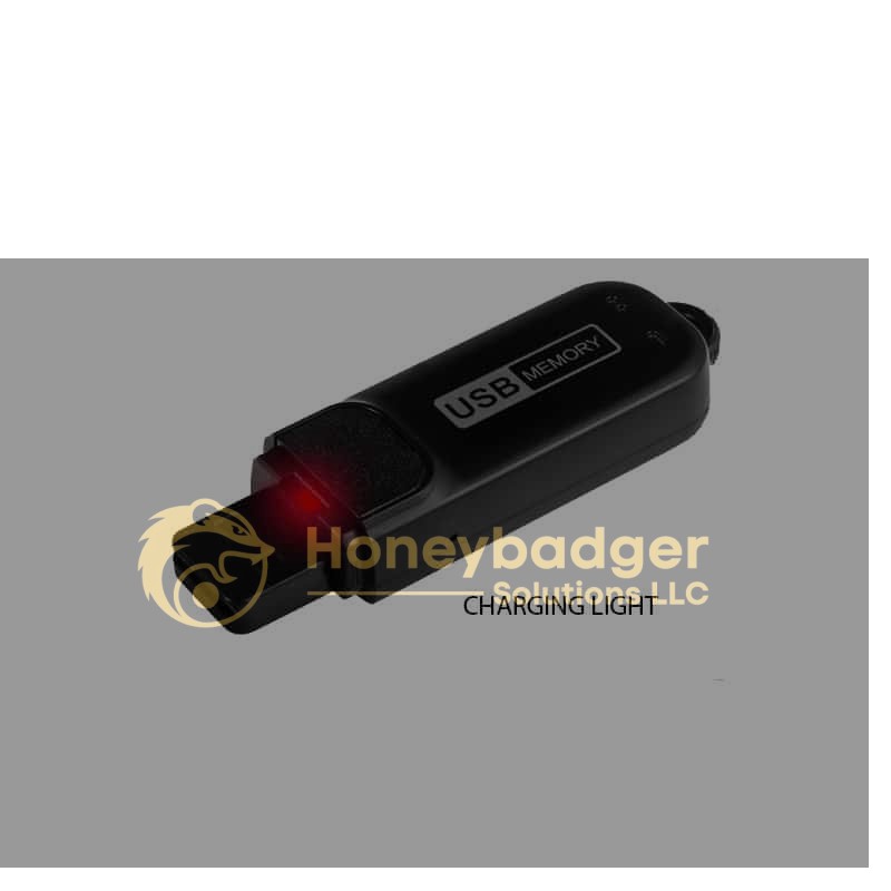 Black USB stick voice recorder with a red charging light near the USB connector labeled 'USB MEMORY'.
