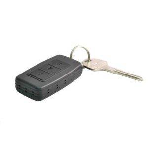 A black rectangular key fob voice recorder with three buttons and a metal key ring attached.