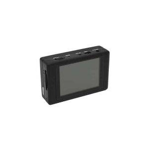 A compact black DVR and camera system viewed from the back, featuring a rectangular LCD screen and multiple ports along the top edge.