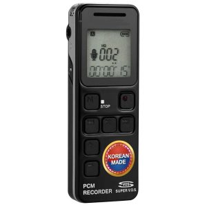Black portable PCM voice recorder with a small info screen, buttons for stop/play/menu, and a 'Korean Made' sticker.