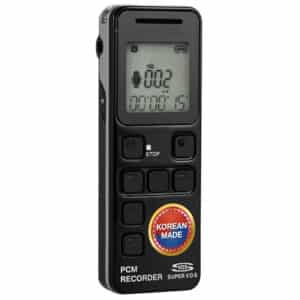 Black portable PCM recorder with a digital display, playback and recording buttons, and a red 'Korean Made' sticker.