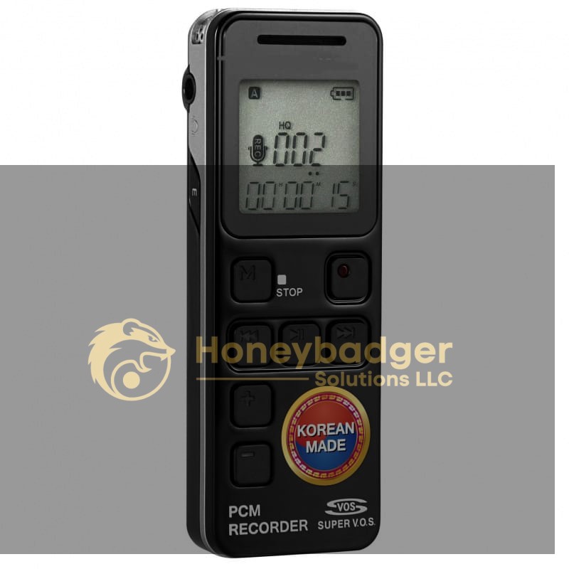 Black portable PCM recorder with a digital display, playback and recording buttons, and a red 'Korean Made' sticker.