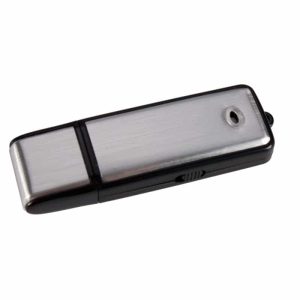 An 8GB USB Flashdrive Voice Recorder in silver and black with a sliding cover.
