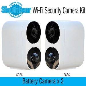 Two SleuthGear Wi-Fi security cameras with black lenses, designed for discreet surveillance, each measuring 2-inch.