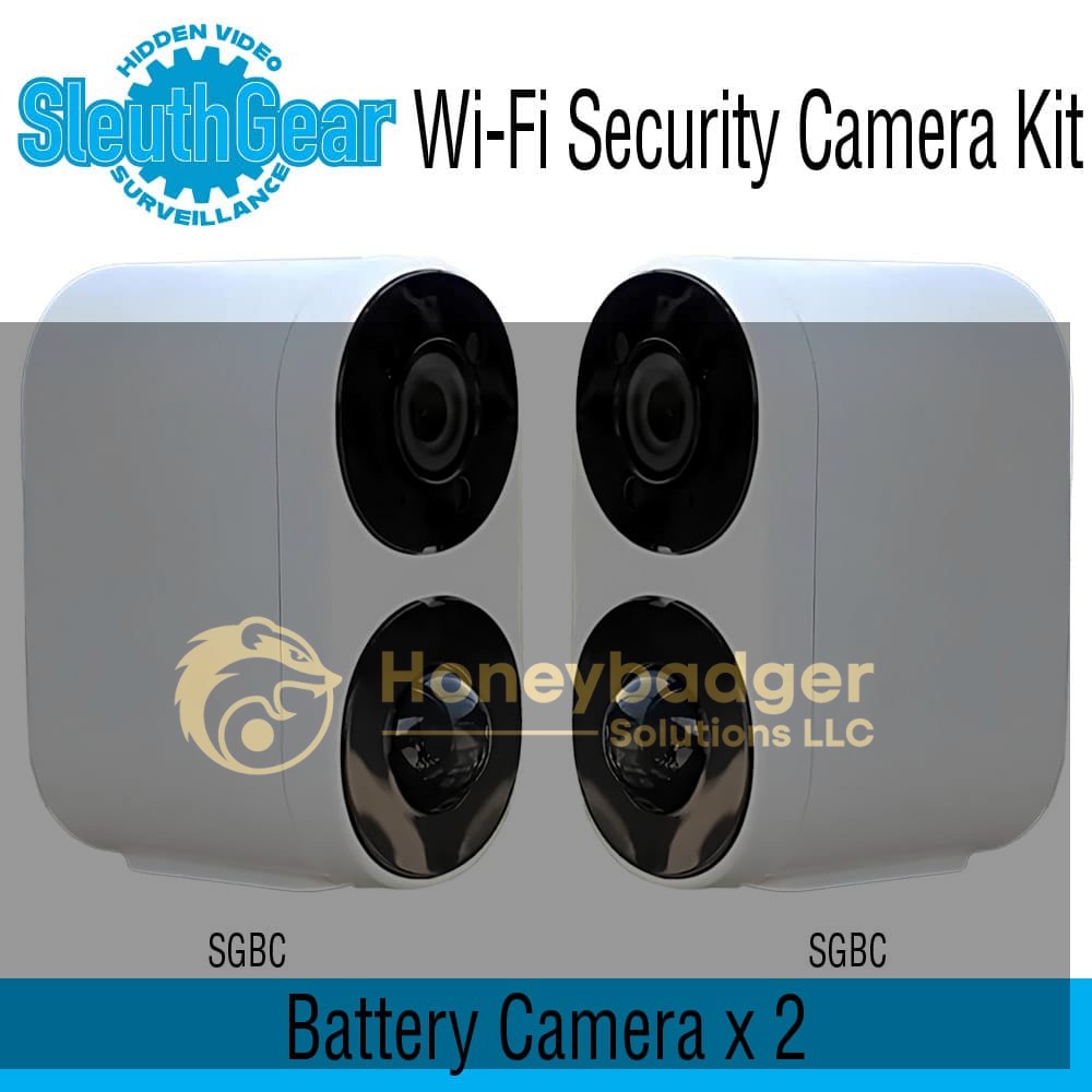 Two SleuthGear Wi-Fi security cameras with black lenses, designed for discreet surveillance, each measuring 2-inch.