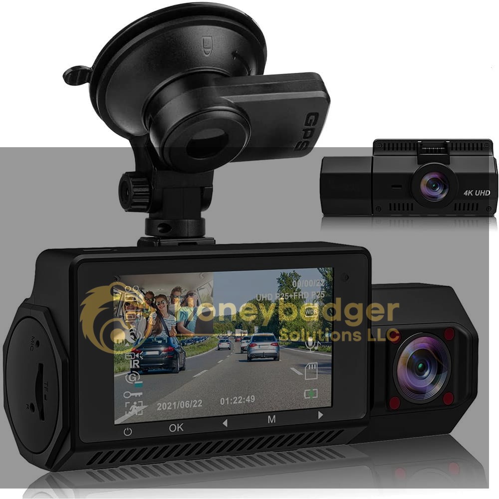 4K Dual Dash Cam showing a road view and group selfie on screen, mounted with a suction cup for stability.