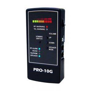 PRO-10G Cell Phone and GPS Bug Detector, a black handheld device with indicator lights and controls for RF and telephone warnings.