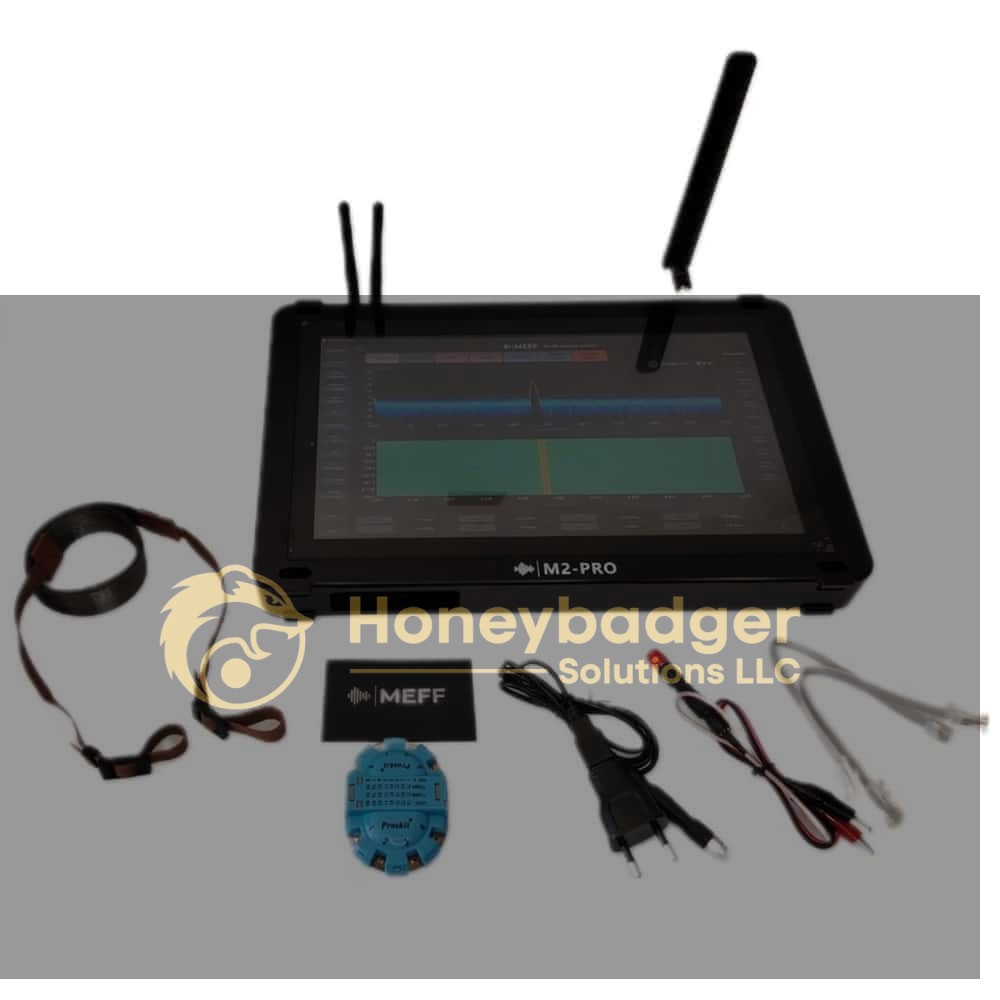 M2-Pro Portable AI Spectrum Analyzer with touchscreen, antennas, cables, and adapters on a white surface.