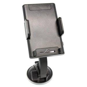 Black adjustable smartphone holder with side grips and a suction cup base for secure mounting in vehicles.