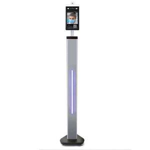 TMT2 4 Foot Floor Stand is a tall temperature screening kiosk with a touchscreen displaying a masked individual.