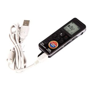 Easy Voice Recorder with a display screen, multiple buttons, and an attached USB cable.