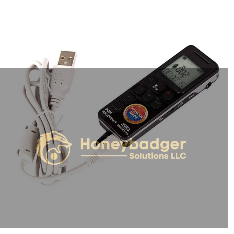 Easy Voice Recorder with a display screen, multiple buttons, and an attached USB cable.