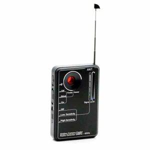 Handheld RF detector device with an antenna, red button, and labeled controls for detecting hidden cameras.