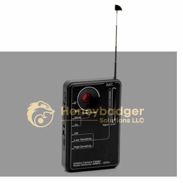 Handheld RF detector device with an antenna, red button, and labeled controls for detecting hidden cameras.