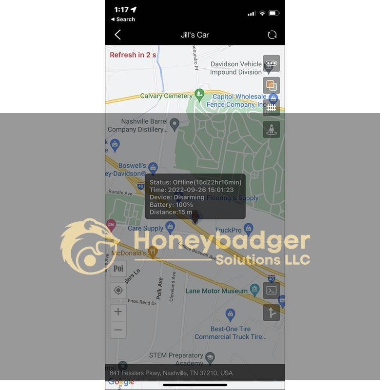 The iTrail Convoy 5G Hardwired GPS Tracker app shows a Nashville map with a car listed as offline, battery at 100%, and 16.15 m away.