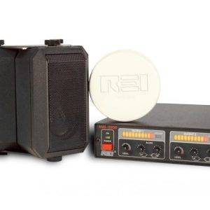 An Acoustic Noise Generator, a black speaker, a round white device marked 'REI,' and a control box with buttons and dials.