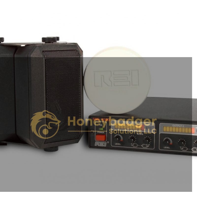An Acoustic Noise Generator, a black speaker, a round white device marked 'REI,' and a control box with buttons and dials.