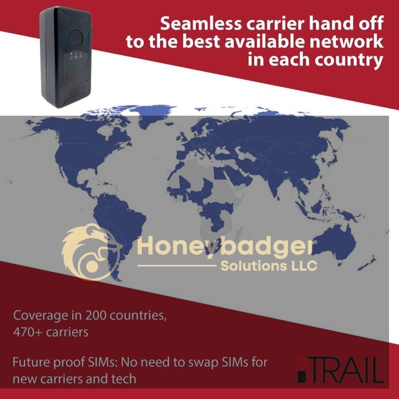 World map illustrating iTrail's global coverage with countries in blue, highlighting carrier hand-off and advanced SIM technology.