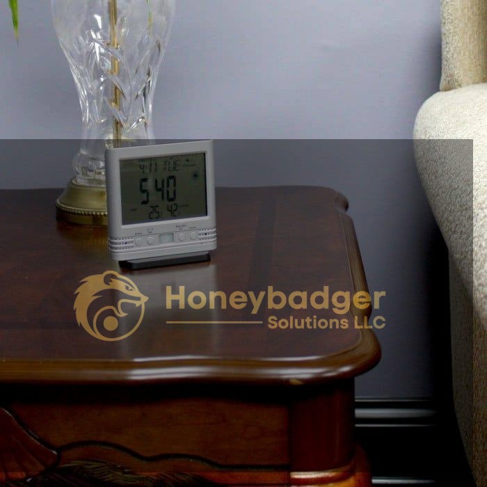 Weather Clock Cam HD showing 5:40 on a wooden table beside a clear glass vase with green leaves.