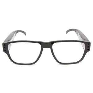 Black rectangular eyeglasses with thick frames, designed for covert surveillance applications.