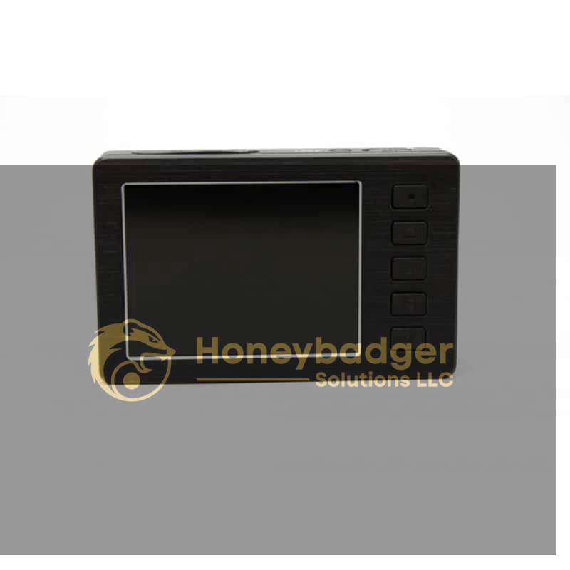Compact rectangular black HD DVR device with a left-side screen and four buttons on the right.