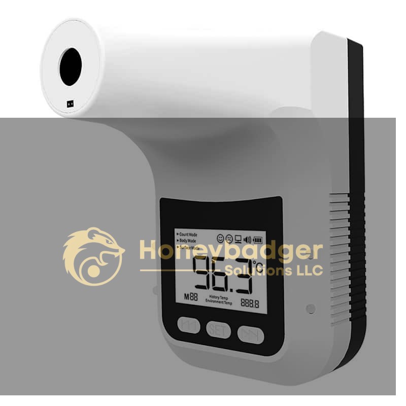 Digital infrared thermometer displaying a temperature of 96.3°C with control buttons and a top sensor.