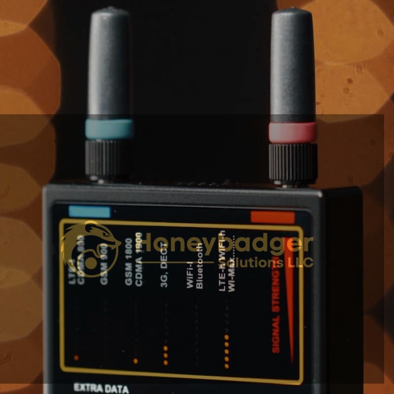 Close-up of the iProtect Multi-Channel Detector for Wireless Protocols, a black device with two antennas and signal strength indicators.