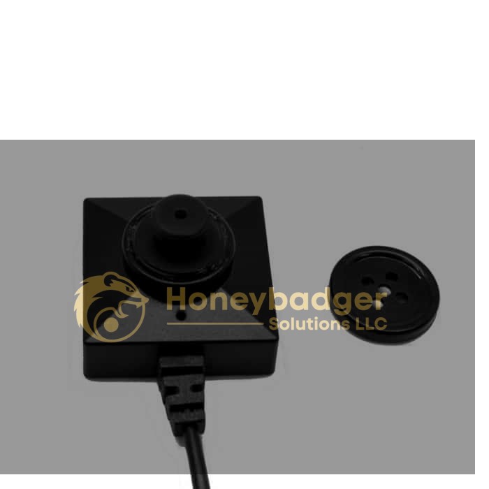 1080P button camera with a compact black square design and a removable button cover on a white background.