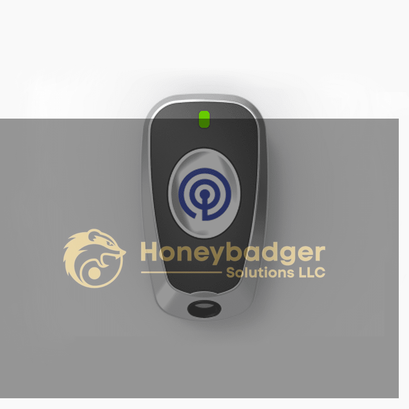 A compact black and silver wireless device with a central circular button displaying a blue wireless symbol and a green indicator light.