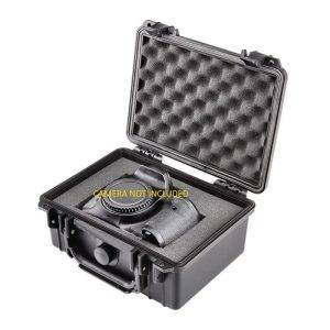 Waterproof protective case shown open with foam padding and a camera-shaped cutout inside. Text on the foam reads 'CAMERA NOT INCLUDED.'