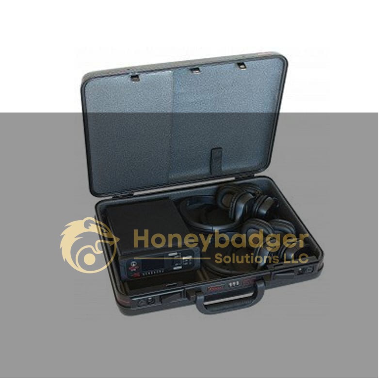 A black hard-shell carrying case with foam compartments holding several pairs of black headphones and a Druid Noise Generator.