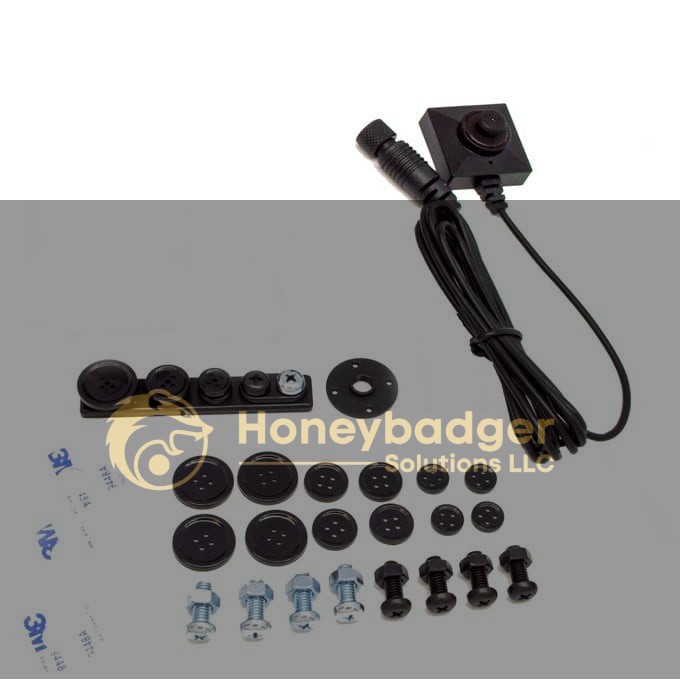 Button camera accessories kit including various button covers, screws, bolts, washers, adhesive pads, and mounting hardware.