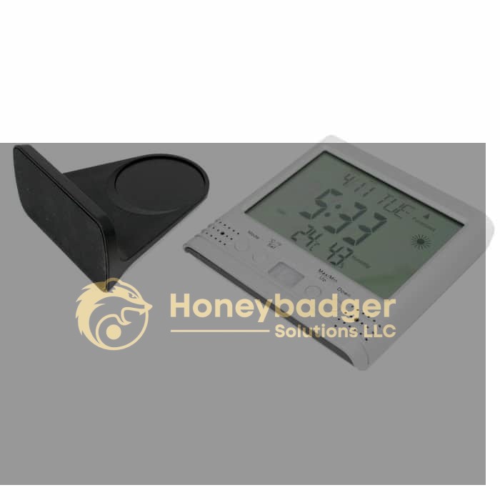 Digital weather clock displaying time, date, temperature, and weather icon, with a black detachable stand.
