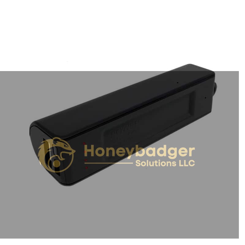 Black rectangular digital voice recorder and power bank with USB and micro-USB ports and four red indicator lights.