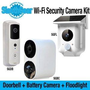 Three security cameras from SleuthGear: a doorbell camera, a battery-powered camera, and a solar floodlight camera.