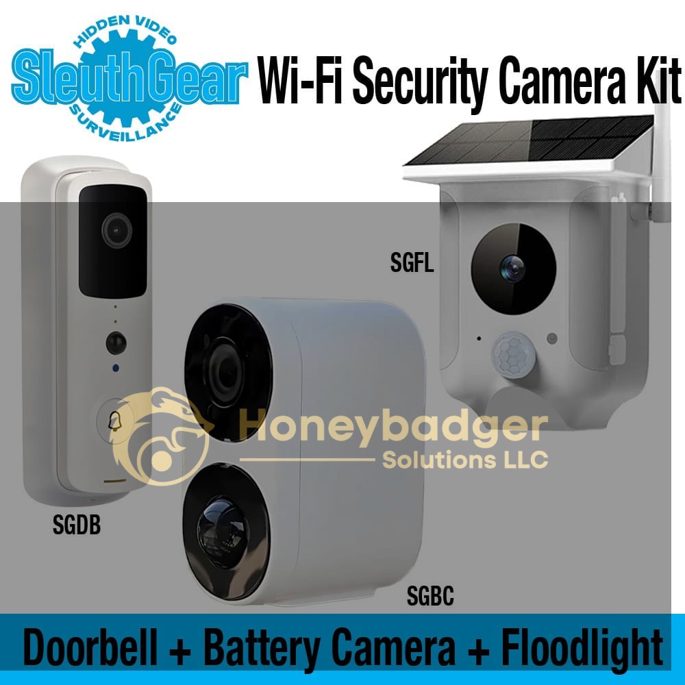Three security cameras from SleuthGear: a doorbell camera, a battery-powered camera, and a solar floodlight camera.