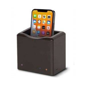 Phone Safe Ultra - NG4100, a dark rectangular device with indicator lights and a side USB port, holds a smartphone vertically inside it.