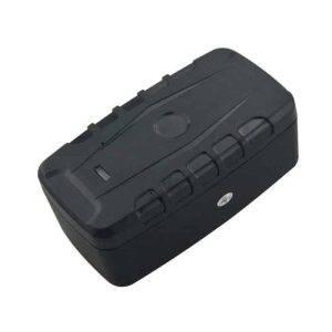 A compact, rectangular black GPS tracker device with rounded edges and buttons for discreet tracking.
