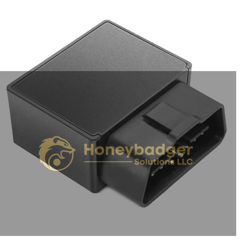 Black rectangular OBD 5G tracker with a multi-pin connector for vehicle diagnostics.