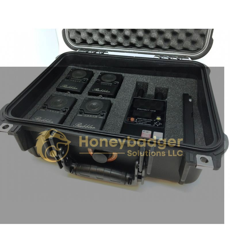 TSCM Kit in a black hard case containing five compact devices and one larger device with a display.