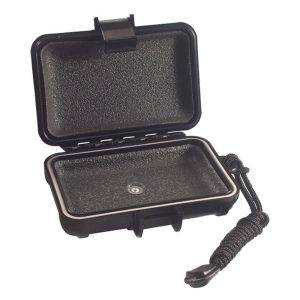 Black hard-shell case with a latch on the lid, textured interior, and short braided strap for secure storage.