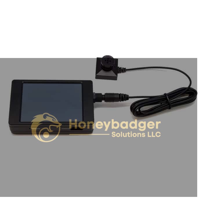 Pro DVR Button Camera Bundle with a compact black display and a discreet button-style camera attached by cable.