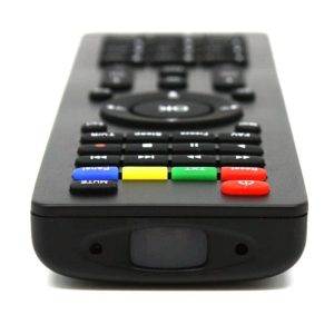 LawMate TV Remote DVR is a black remote control with colorful buttons and an infrared sensor for discreet surveillance.