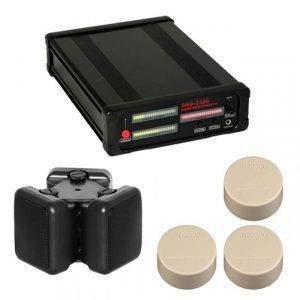 DNG-2300 audio recording kit with a black recorder, ambisonic microphone, and three beige windscreens.
